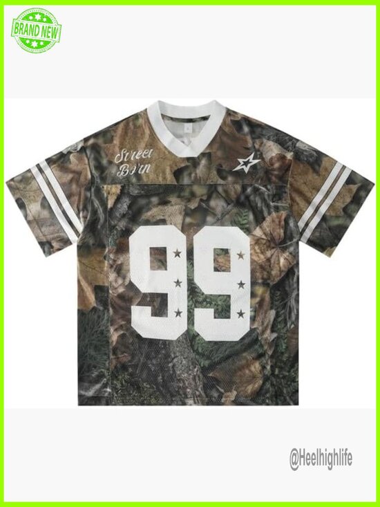 Tops - Oversized V-Neck Mesh Panel Graphic Tee, Unisex Streetwear Summer Top